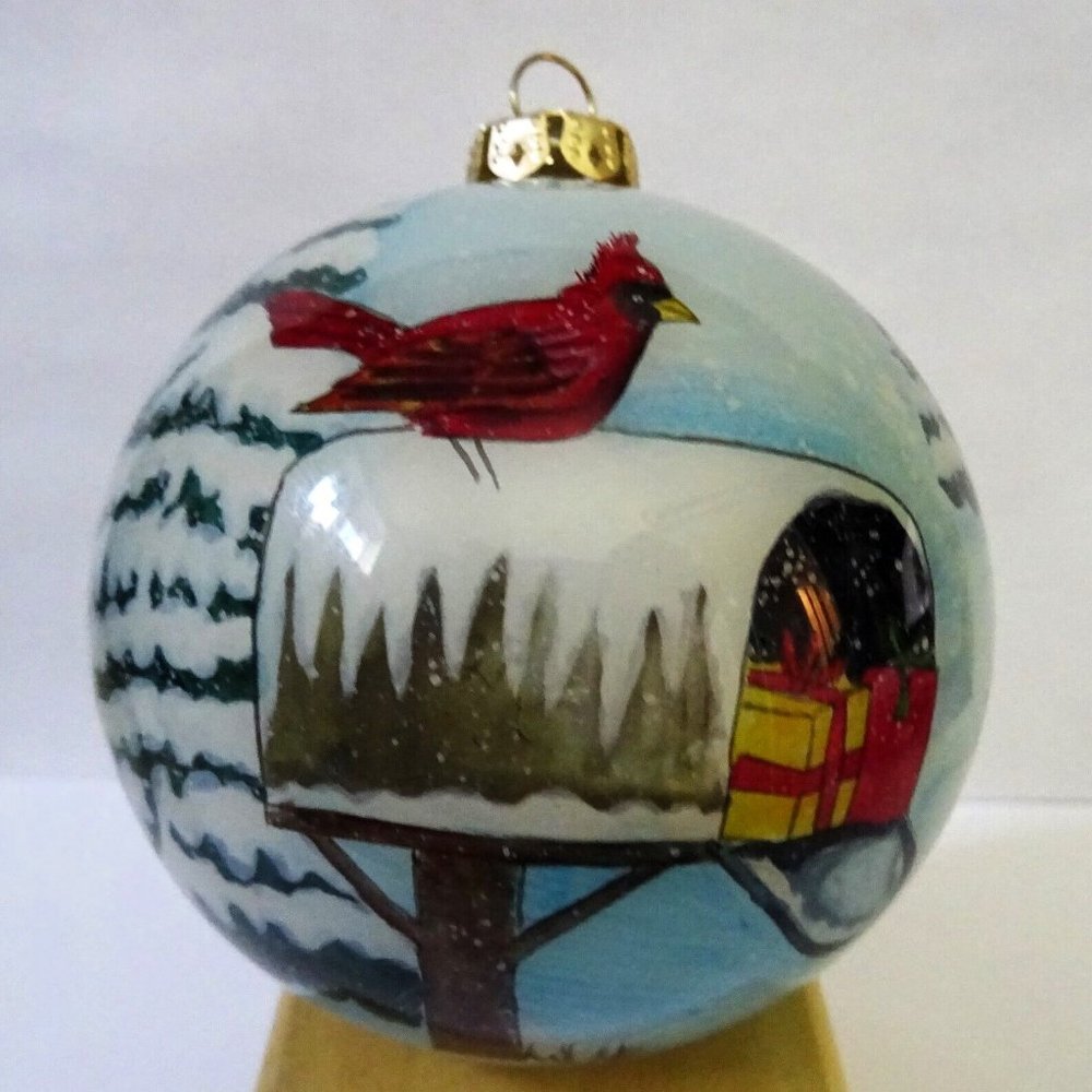 Inside Art Cardinal on Mail Box Christmas Glass Ornament Collectible w/Box